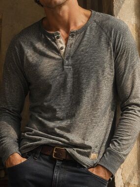 VTG Lucky Brand Henley Shirt Men's XL Gray Slim Fit Long Sleeve